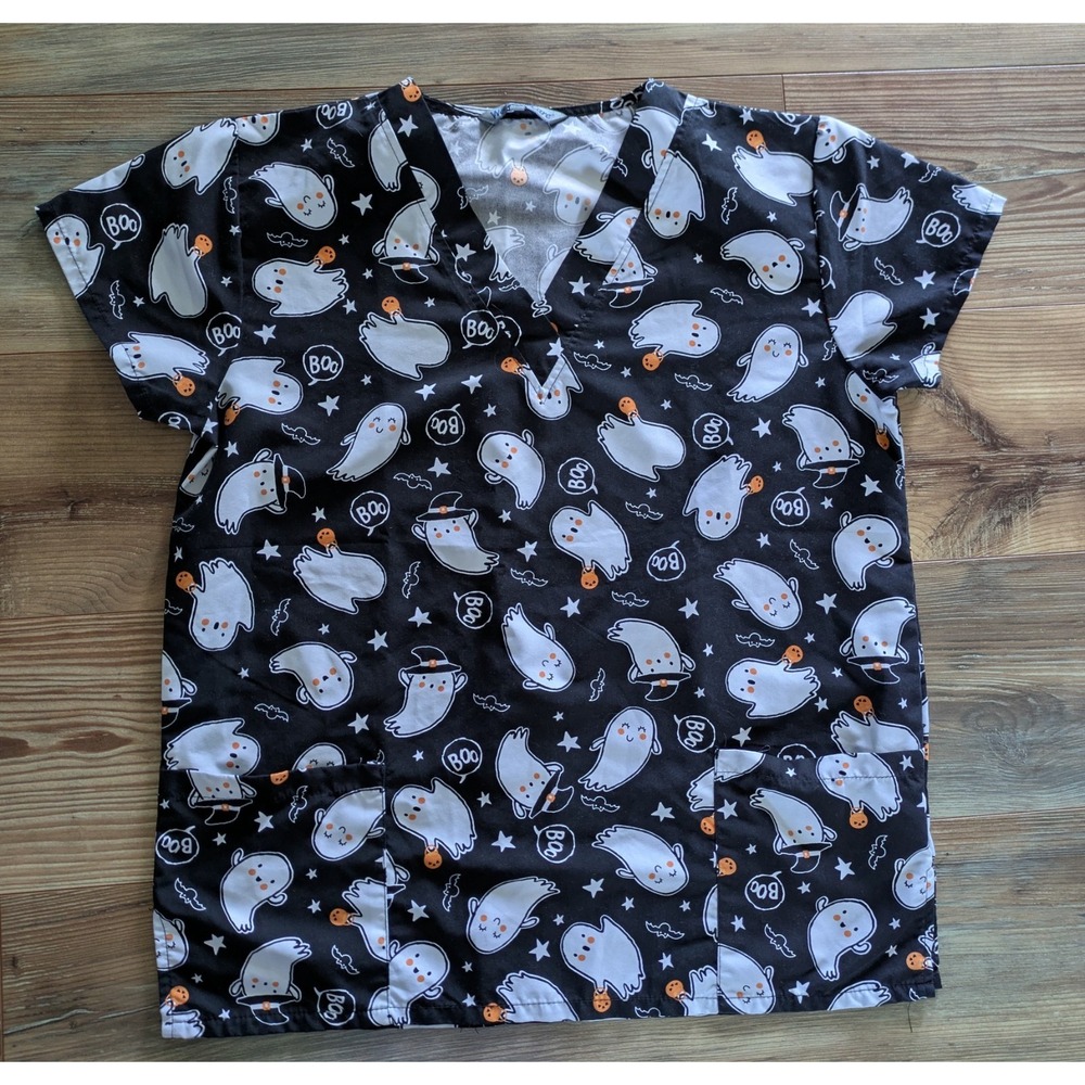 Wear For Care Black Ghost Witch Boo Halloween Medical V Neck Scrub Top Medium